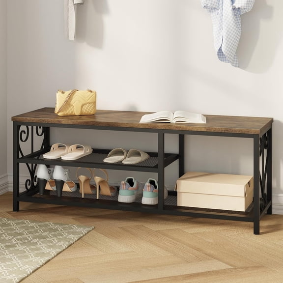 Shoe Storage Bench with Double Tier Shelf, Industrial Entryway Bench with Rustic Wood Top & Metal Frame for Shoes, Boots, Baskets, Space-Saving Organizer for Hallway, Living Room, Bedroom, Brown
