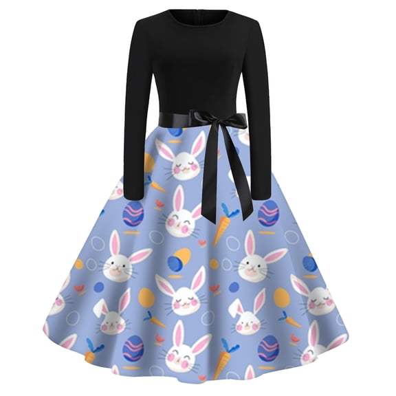 Women's Flowy Long Sleeve Maxi Dress Easter Print Casual Holiday Dress with Belted Tie Waist Plus Size Comfortable Elegant
