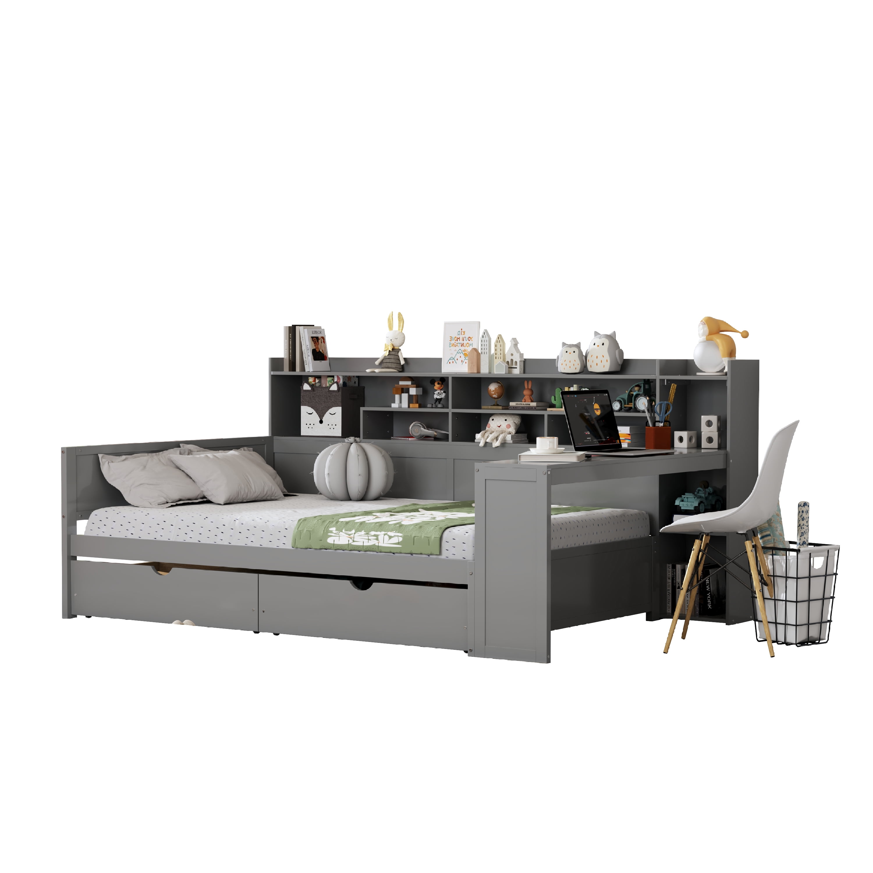 Euroco Wood Full Size Daybed with Storage Shelves Drawers and Desk, Gray