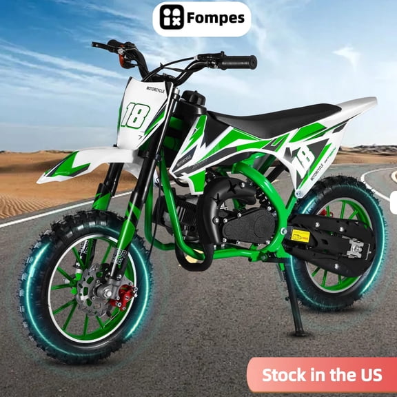 Fompes 49 Mini Dirt Bike, Gas Power 2 Stroke Pit Bike with Easy Pull Start, Shock Absorption Springs, Max Load 330Lbs, 10" Wheels, Cooperate Disc Brakes and Up to 25mph (Green)