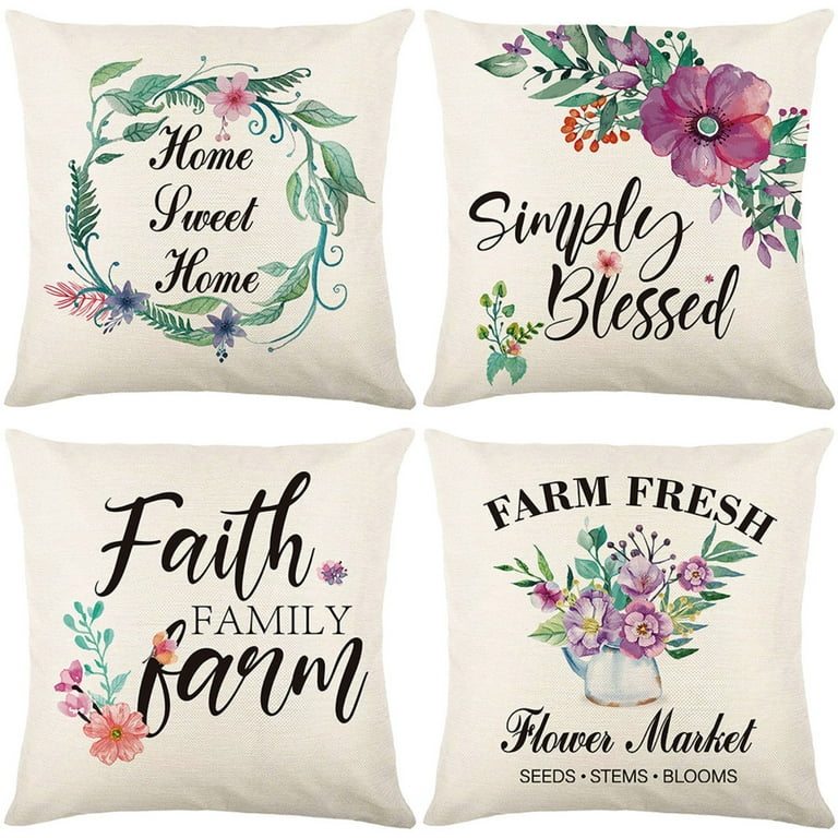 Pillow Cover Breathable Removable Flax Floral Printed Throw Pillow Case for Sofa