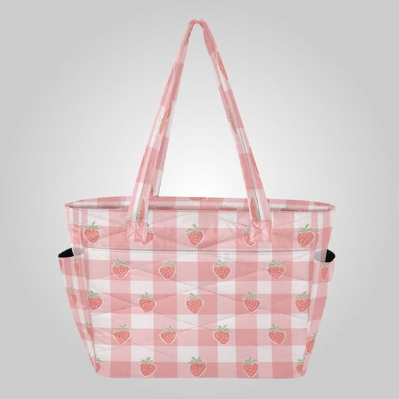 Quilted Tote Bag Large Capacity Multi-Compartment Handbag Lightweight Structured Shoulder Bag Versatile Casual Bag Pink Gingham Strawberry