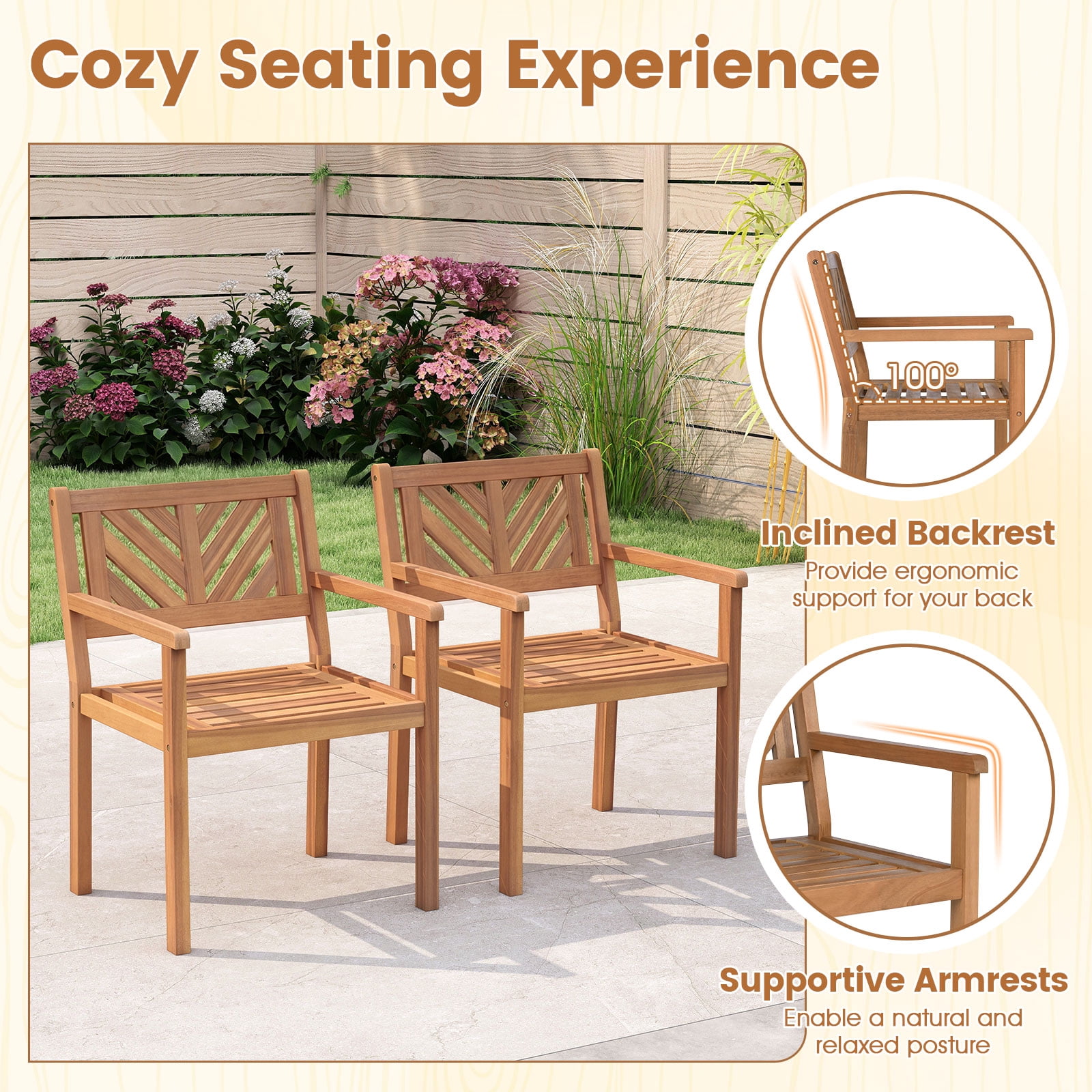 Costway Patio Dining Chairs Set of 2,Outdoor Garden Seating Chairs with 400 lbs Capacity
