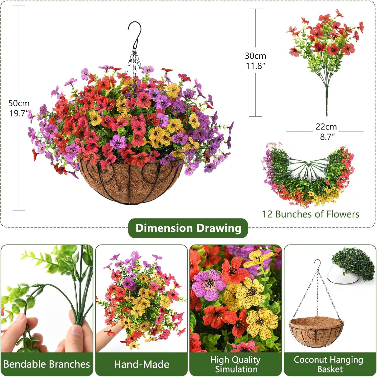 Artificial Faux Hanging Flowers Plants with Basket for Outdoor Spring Decoration, Fake Silk Daisy Outside Indoor UV Resistant Look Real Yard Patio Front Porch Garden Balcony Home Decor(MIx1)
