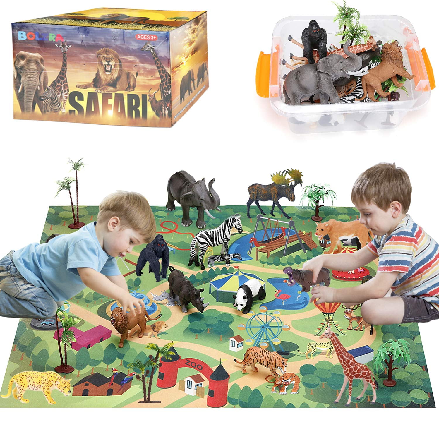 BOLZRA Safari Animals Figurines Toys with Activity Play Mat & Trees,  Realistic Plastic Jungle Wild Zoo Animals Figures Playset with Elephant,  Giraffe, Lion, Gorilla for Kids, Boys & Girls, 22 Piece -