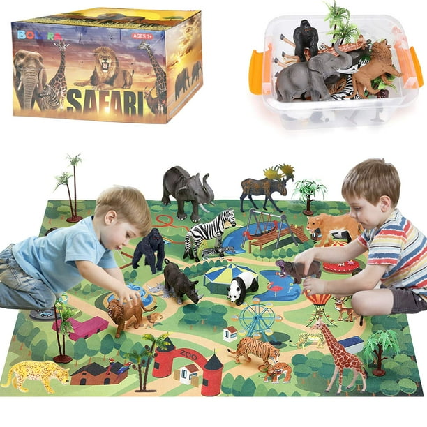 BOLZRA Safari Animals Figurines Toys with Activity Play Mat & Trees
