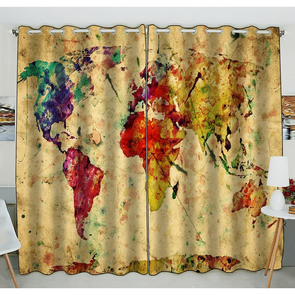 GCKG World Map Window Curtain,Colorful Retro World Map Grommet Blackout