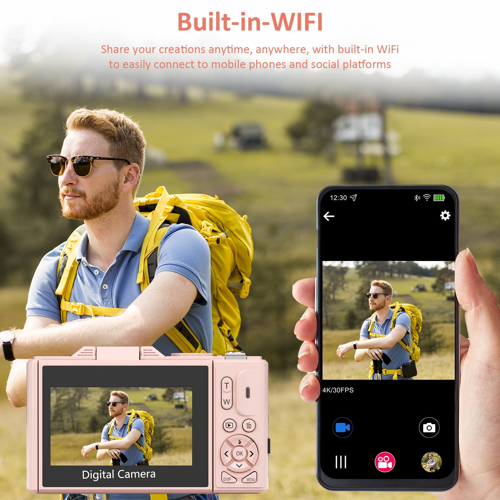 XLURC 5K Digital Camera for Photography with Wifi, 75MP Vlogging Camera for YouTube with 3" 180° Flip Screen, 18X Digital Zoom with 32GB Micro SD Card & 2 Batteries (Pink)
