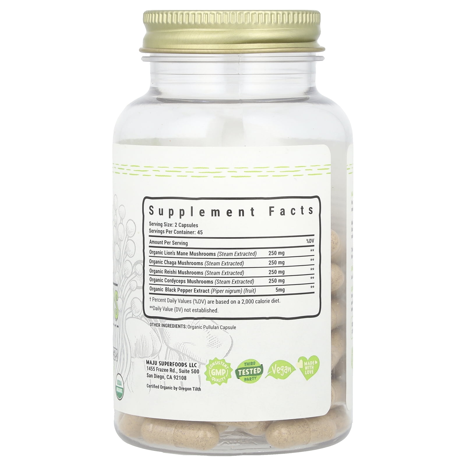 MAJU's Organic Mental Mushroom Capsules, 90 Count - Edible Extract Supplement w/ Lion's Mane, Cordyceps, Reishi & Chaga for Focus, Wellness & Immune Health
