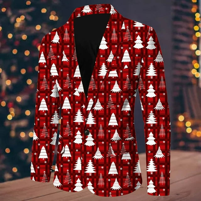 Men Christmas Snowflake Santa Printed Pocket Lapel Button Suit Jacket