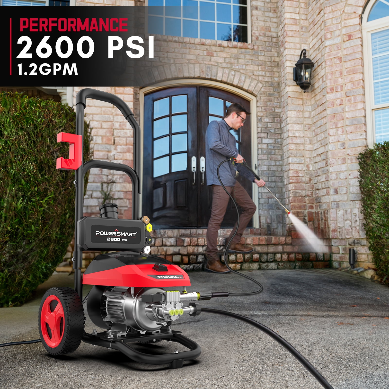 PowerSmart 2600PSI Electric Brushless Pressure Washer, 1.2GPM, 1800W, 27FT Hose, Safety Lock