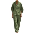 thumbnail image 4 of DYTTDG Women's Linen Blend 2-Piece Outfit | V-Neck Batwing Sleeve Top & Wide Leg Pants Casual Set, Loose Fit Summer Wear, 4 of 8