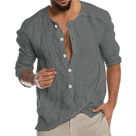 

Mens Fashion Casual Solid Color Cotton And Linen Buckle Long Sleeve Shirt Top Blouse Sleeve Pajama