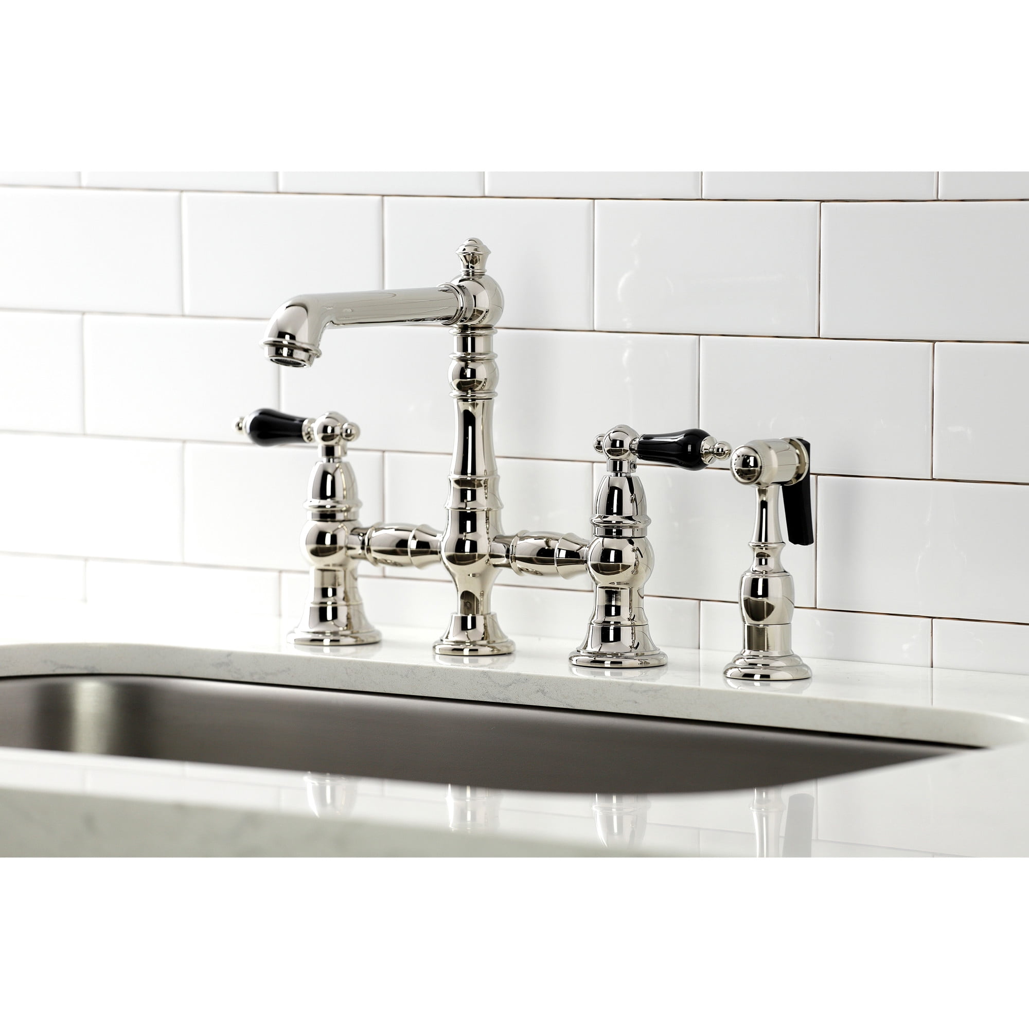Kingston Brass KS7276PKLBS Duchess Bridge Kitchen Faucet with Brass Side Sprayer, Polished Nickel