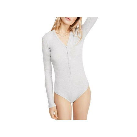 Intimately Free People Womens Keep Your Cool Waffle V-Neck Bodysuit Gray L