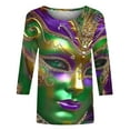 thumbnail image 4 of YOIAVAIOY Women Funny Mardi Gras Shirts 3/4 Sleeve Crew Neck Carnival Print Top Happy Holiday Trendy Outfits Multicolor S, 4 of 5