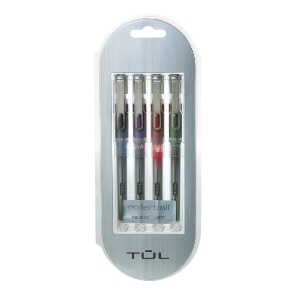 TUL RB1 Roller Ball Pens, Medium Point, 0.7 mm, Silver Barrel, Assorted Ink Colors, Pack Of 4