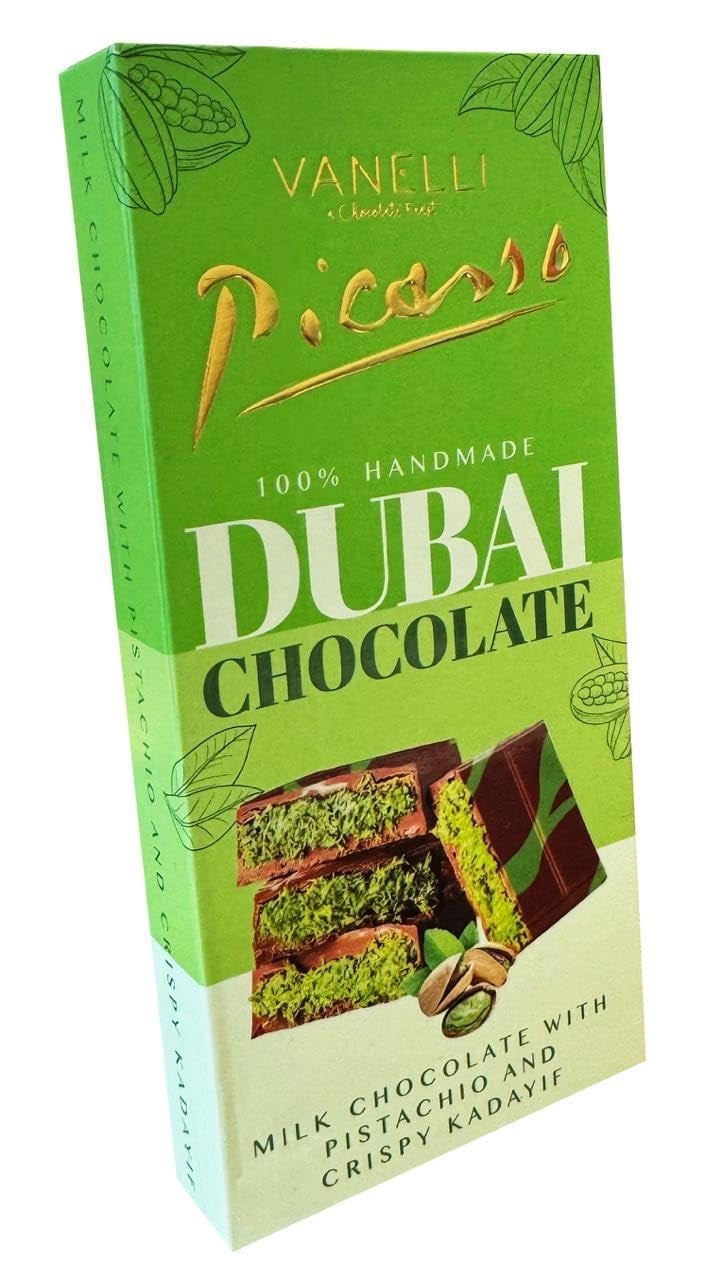 Picasso Vanelli Dubai Chocolate Bar – Premium Imported Milk Chocolate, 7 oz (200g) 6 Pack.