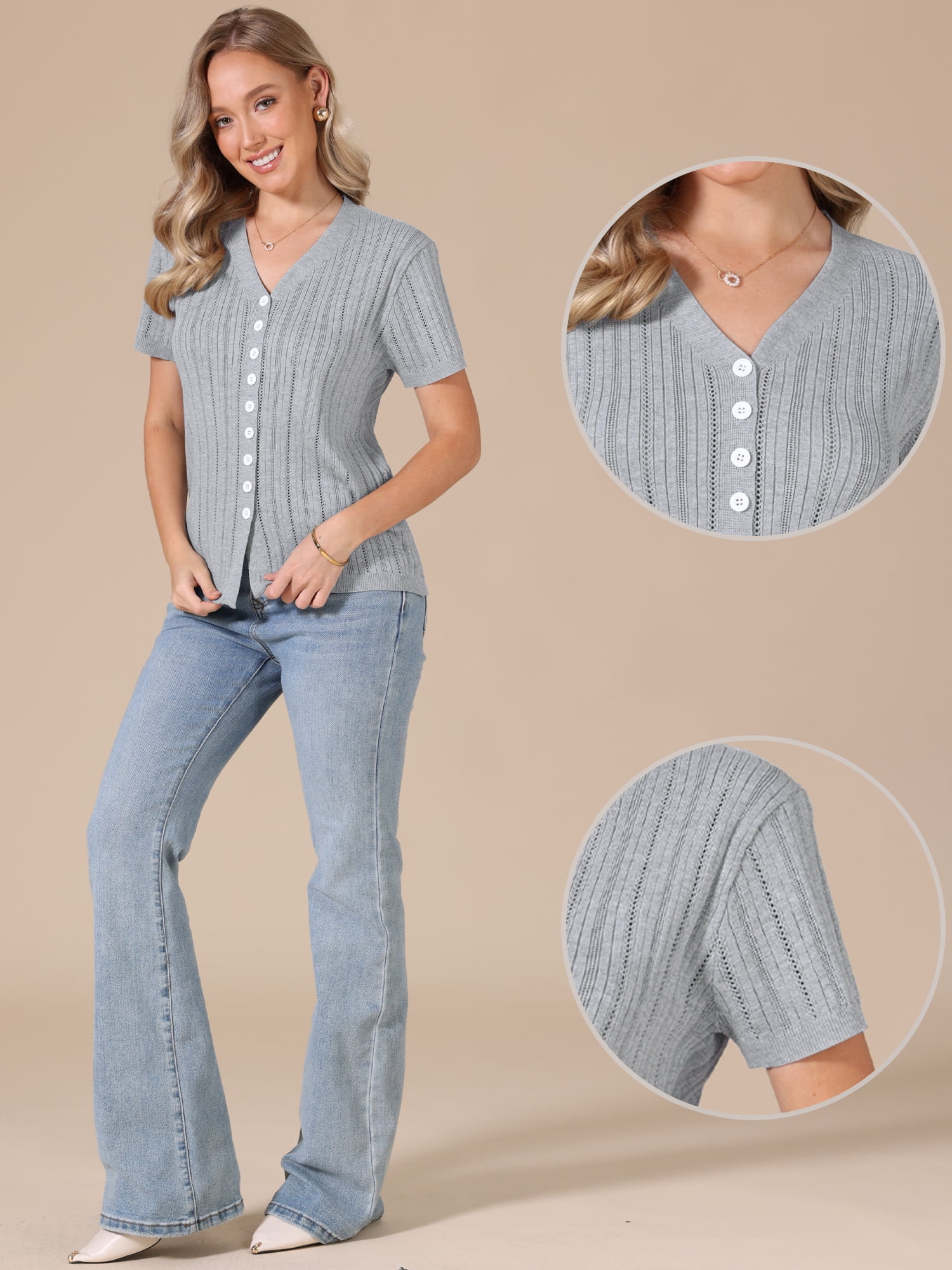 DARING DIVA Women's Eyelet Tops V Neck Short Sleeve Knit Button Down Shirts M Gray