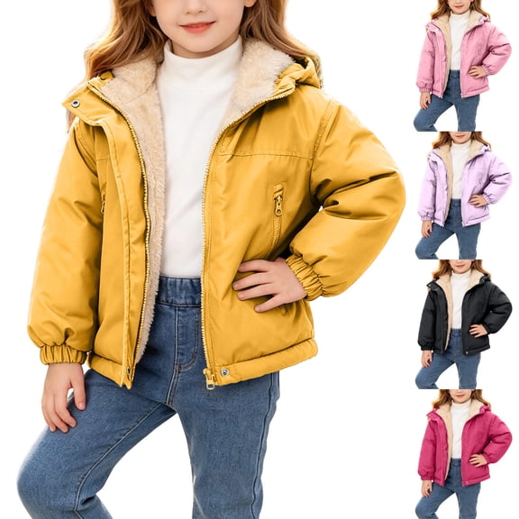Agkizg Girls Hooded Puffer Coat Thick Fleece Lined Winter Jacket with Pockets Solid Color Cute Warm Outerwear