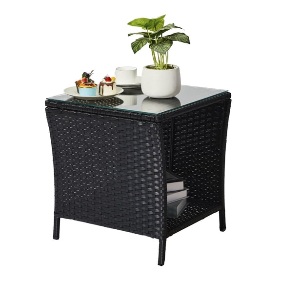 LiteHaven Outdoor Wicker Side Table Rattan Side Tables End Table for Patio with Glass Top Rattan Storage for Patio Garden Balcony,Black