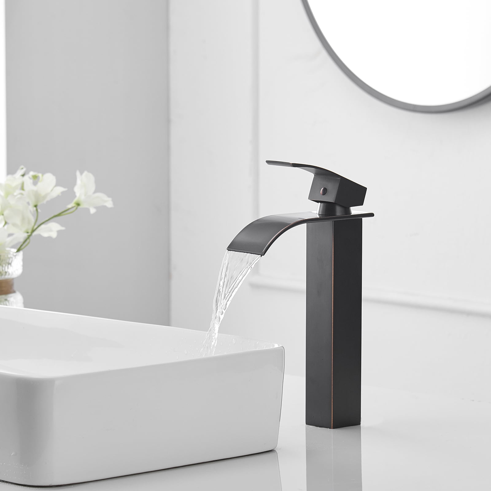 BWE Vessel Sink Faucet Modern Waterfall Oil Rubbed Bronze Single Hole Bathroom Faucet Single Handle with Pop up Drain Without Overflow Assembly Vanity Basin Bath Sink Faucets Mixer Tap