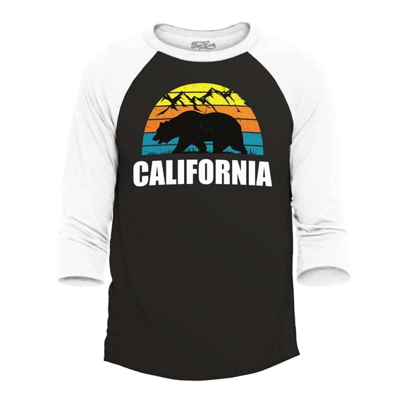 Shop4Ever Men's California State Bear Mountains Retro Horizon Raglan Baseball Shirt XXX-Large Black/White