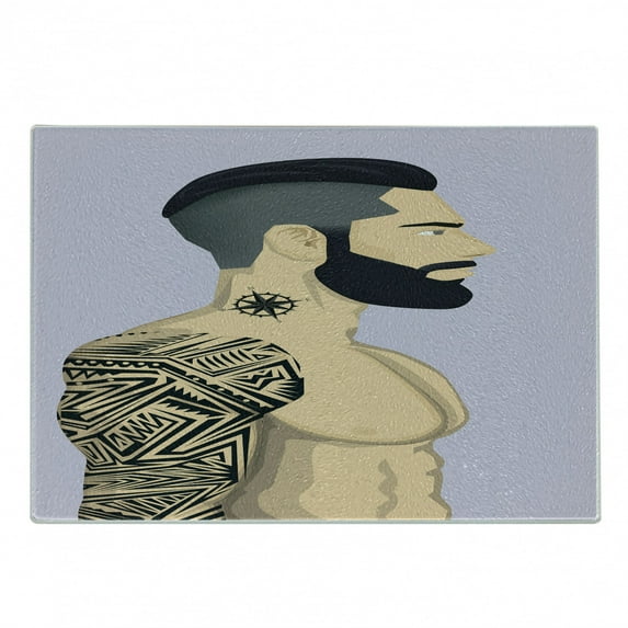 Young Man Cutting Board, Long Beard Muscular Boy with Tattoos and Haircut, Decorative Tempered Glass Cutting and Serving Board, in 3 Sizes, by Ambesonne