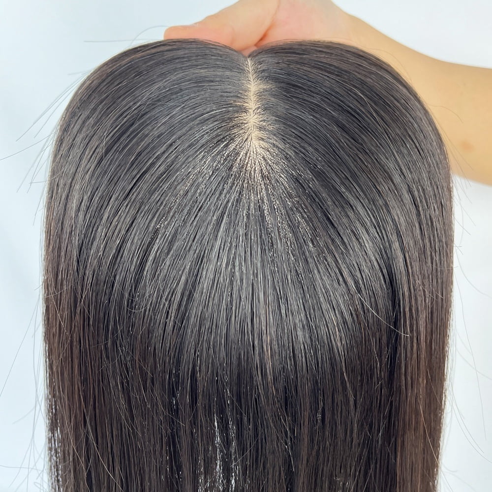 Hair Toppers for Women, Real Human Hair 15×17cm Silk Base Clip in Hair Pieces Natural Black Center Part Straight Hair Pieces for Thin Hair Daily Use