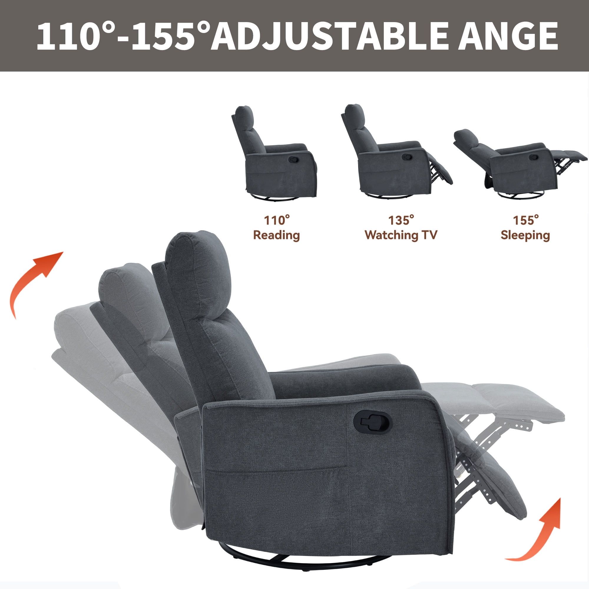 MAYEERTY 360 Degree Swivel Rocker Recliner Chair, Manual Recline Glider Chair with 8 Vibration Massage Nodes & Lumbar Heating, for Living Room Nursery