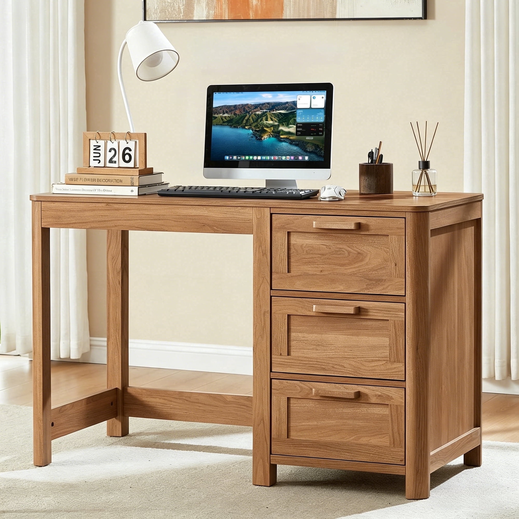 Buildhom 48" Farmhouse Computer Desk with 3 Drawers, Wood Office Desk for Home Office Bedroom, Dark Wood
