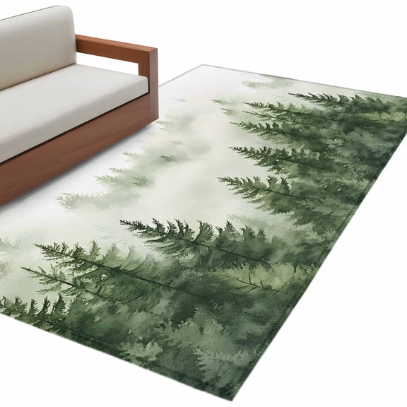Retro Trees Plants AreaRug 4x6ft Watercolor Green Forests Mountain Non-SlipWashable SquareRugs Soft Felt Indoor Floor Mat for Bedroom Kitchen Living Room Bathroom