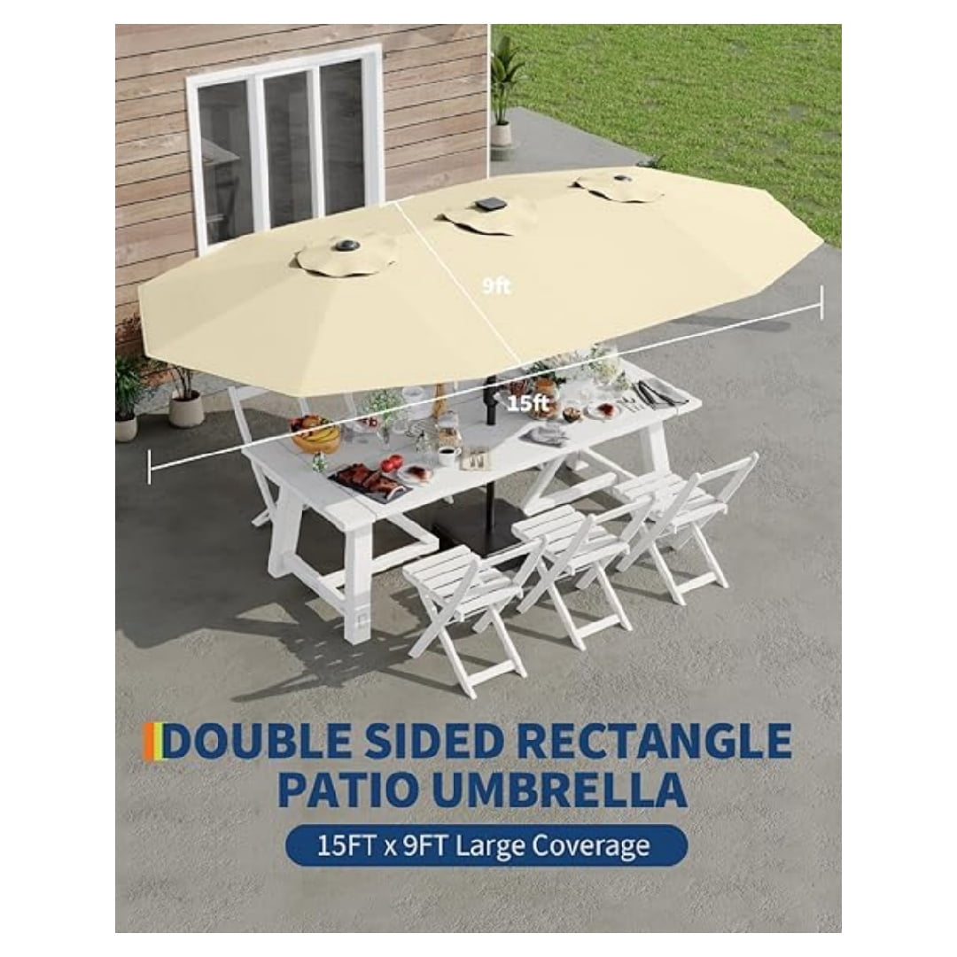Heavy Duty 15FT Patio Umbrella with Weighted Base - Double-Sided Sun Shade for Outdoor Dining, Poolside, Backyard (Crank Handle, UV Blocking Fits 2-8 People)