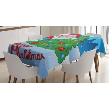 Ambesonne Santa Tablecloth Rectangular Table Cover, Tree Snowy Forest, 52"x70", Multicolor