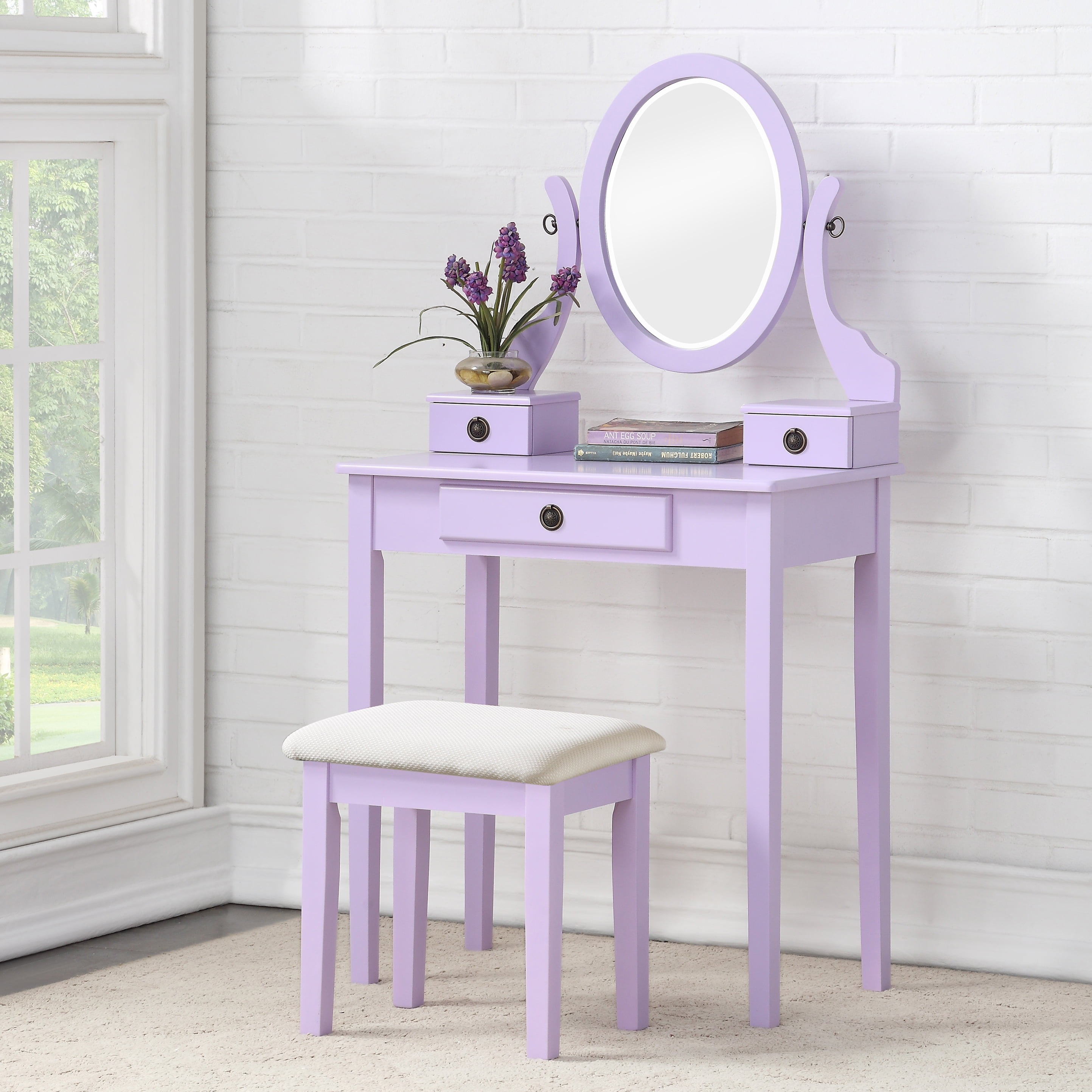 Mintazer Vanity Table Set with Adjustable Oval Mirror & Cushioned Stool, Makeup Dressing Table with 3 Drawer for Bedroom, Purple