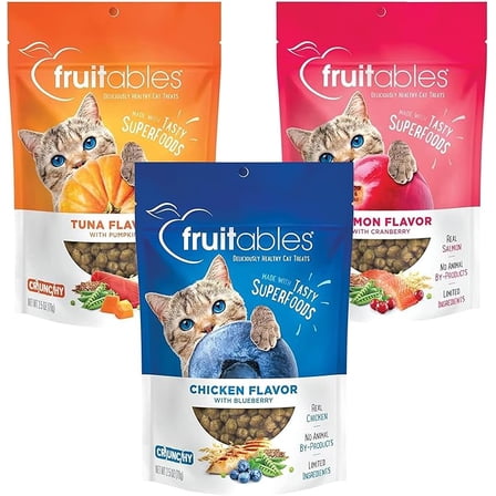 Fruitables Cat Treats | Crunchy Cat Treats | Healthy Low Calorie Cat Treats Packed with Protein | Free of Wheat, Corn and Soy | 2.5 oz (Pack of 3)