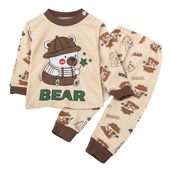 Toddler Boy Outfits Soft Outfits Cartoon Prints Long Sleeve Kid Loungewear Sets Toddler Boy Clothes Brown 18 Months-24 Months