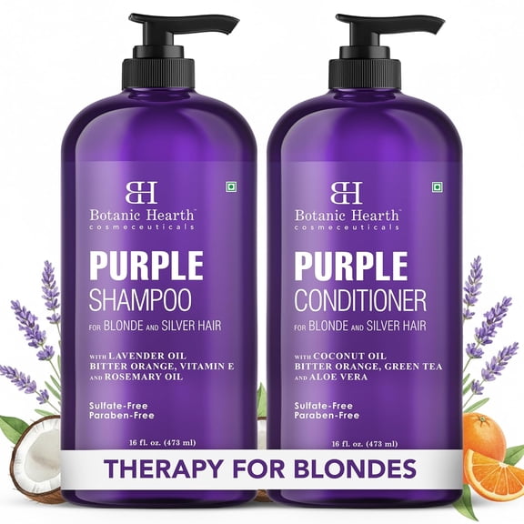 BOTANIC HEARTH Purple Shampoo and Conditioner Set - for All Shades of Blonde, Silver and Gray Hair - Enhances Highlights - Sulfate Free, Paraben Free, 16 fl oz each