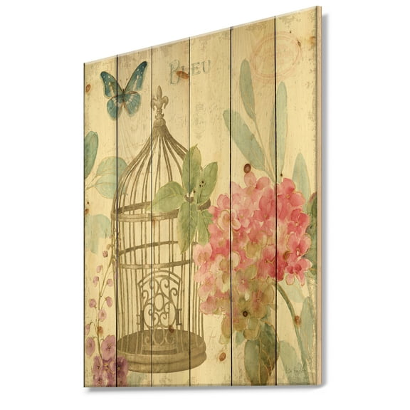 Designart 'Traditional Floral Birdcage I' Traditional Print on Natural Pine Wood
