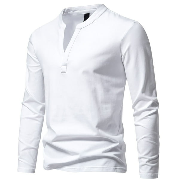 Blusas y camisas de manga larga con cuello en V para hombre, estilo casual, de color liso, de poliéster y algodón.