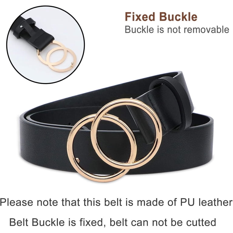 Women Leather Belt Fashion Double O-Ring Soft Faux Leather 