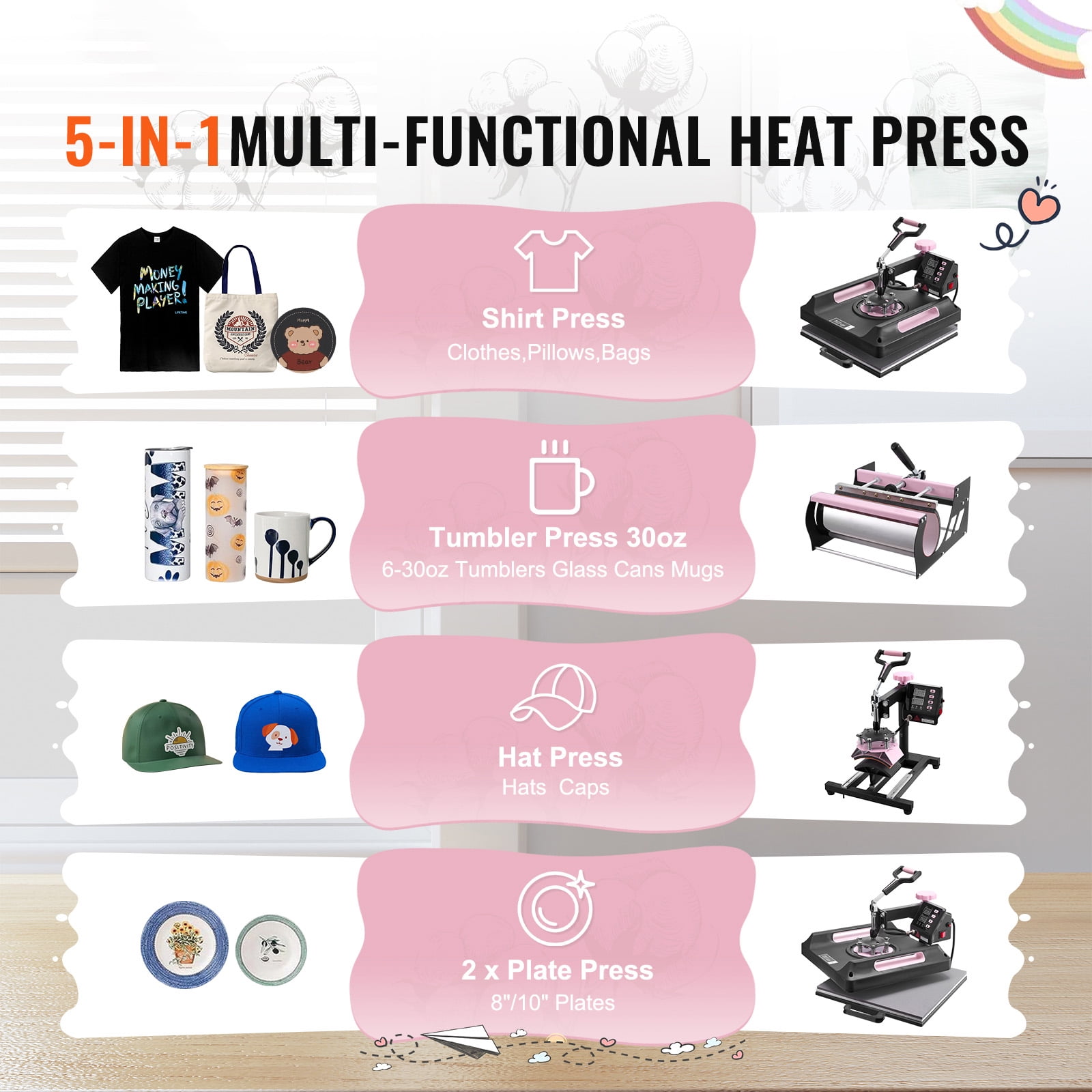 KFFKFF 15 x 15 inch Heat Press Machine, 8-in-1 Heat Transfer Equipment with 30 oz Tumbler Attachment, 360° Swing-Away Digital Press, Teflon-Coated Surface, Suitable for T-Shirts, Mugs, Hats, Plates