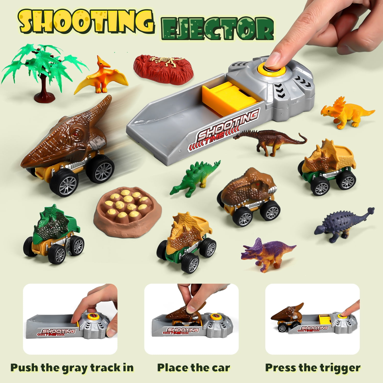 JoyStone 20 in 1 Dinosaur Truck Toys with Lights & Sounds,  Dinosaur Play Set for Kids 3-5 Years, Including 6 Pull Back Cars, 6 Dino Figures, Birthday Gift for Boys Girls, Green