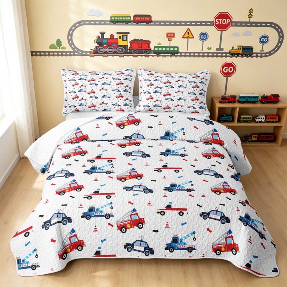 Erosebridal Pickup Truck Twin Quilt Set, Cartoon Twin Coverlet Set, White Blue 2 Pieces 1 Bedspread and 1 Pillowcase