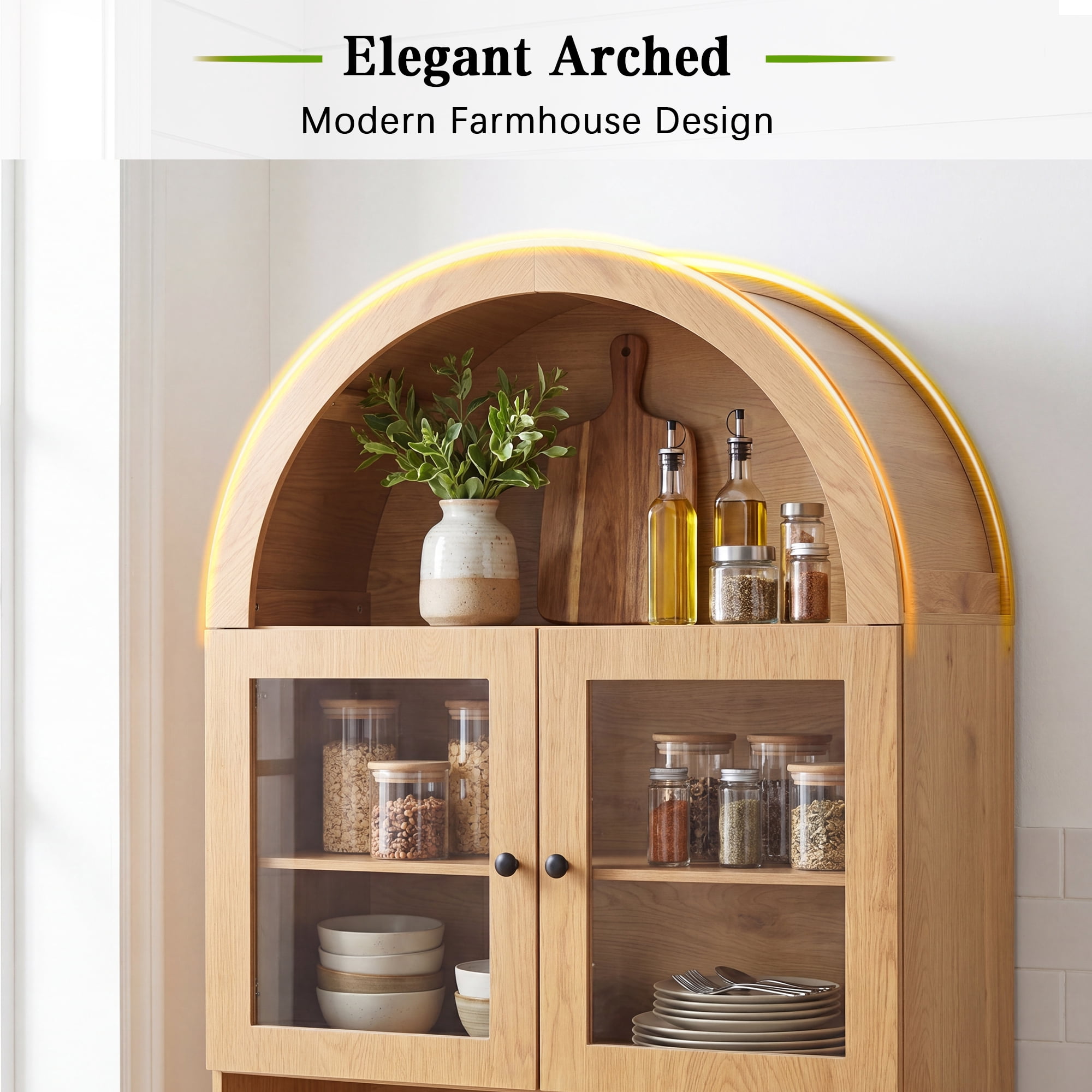 Howcool 75" Tall Farmhouse Arched Kitchen Pantry Cabinet with Built-In Charging Station,Storage Cabinet with Adjustable Shelves & Open Countertop for Kitchen, Dining Room,Oak