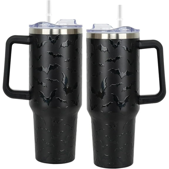 40 oz Halloween Tumbler with Lid and Straw - 5D Bat Print Tumblers with Handle Halloween Stainless Steel Insulated Travel Cup Black Coffee Cups Gifts for Women Men Adults
