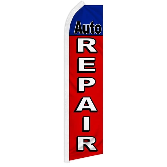 Auto Repair (Red & Blue) 11.5ft x 2.5ft Advertising Poly Swooper Feather Flag – Mechanic Shop Outdoor Sign
