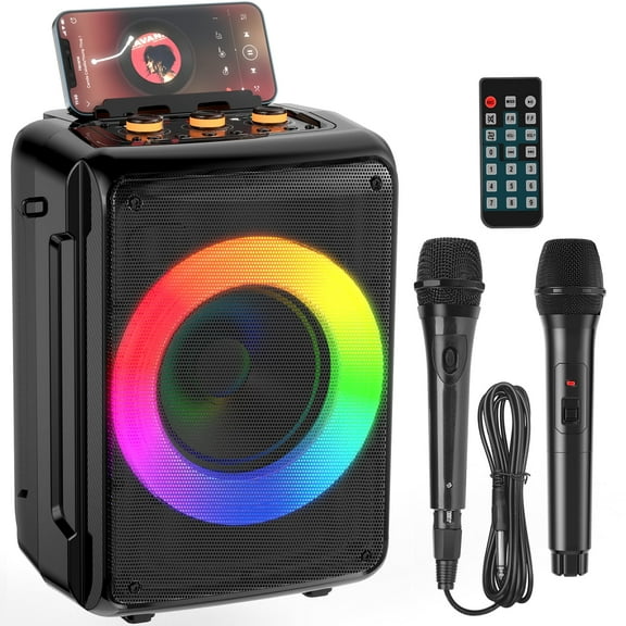 JYX Karaoke Machine, Bluetooth Portable Speaker with 2 Microphones, Party Karaoke Speaker with DJ Lights, TWS/Recording/Radio, D13