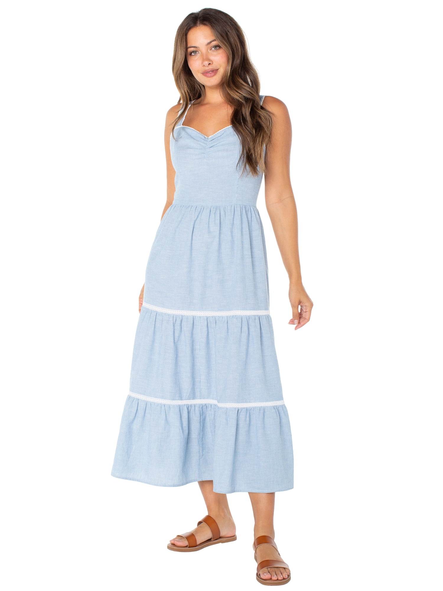 Celebrity Pink Women's Sleeveless Lace Trim Tiered Maxi Dress, Sizes XS-XXXL