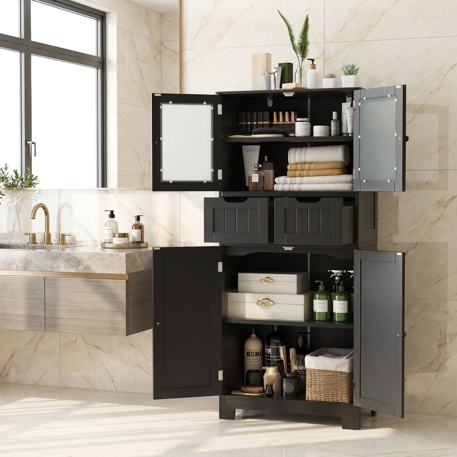 Vebreda Freestanding Bathroom Storage Cabinet, 4 Door Freestanding Bathroom Floor Storage Cabinet with 2 Drawers and Glass Doors
